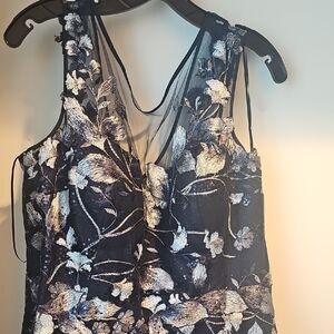 Teri Jon Navy and Silver Floral Blouse